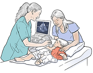 Boy lying on exam table as healthcare provider performs echocardiogram on him. Woman is standing next to table.