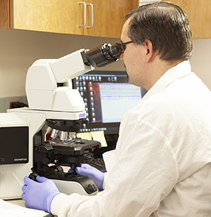 Lab technician looking through microscope.